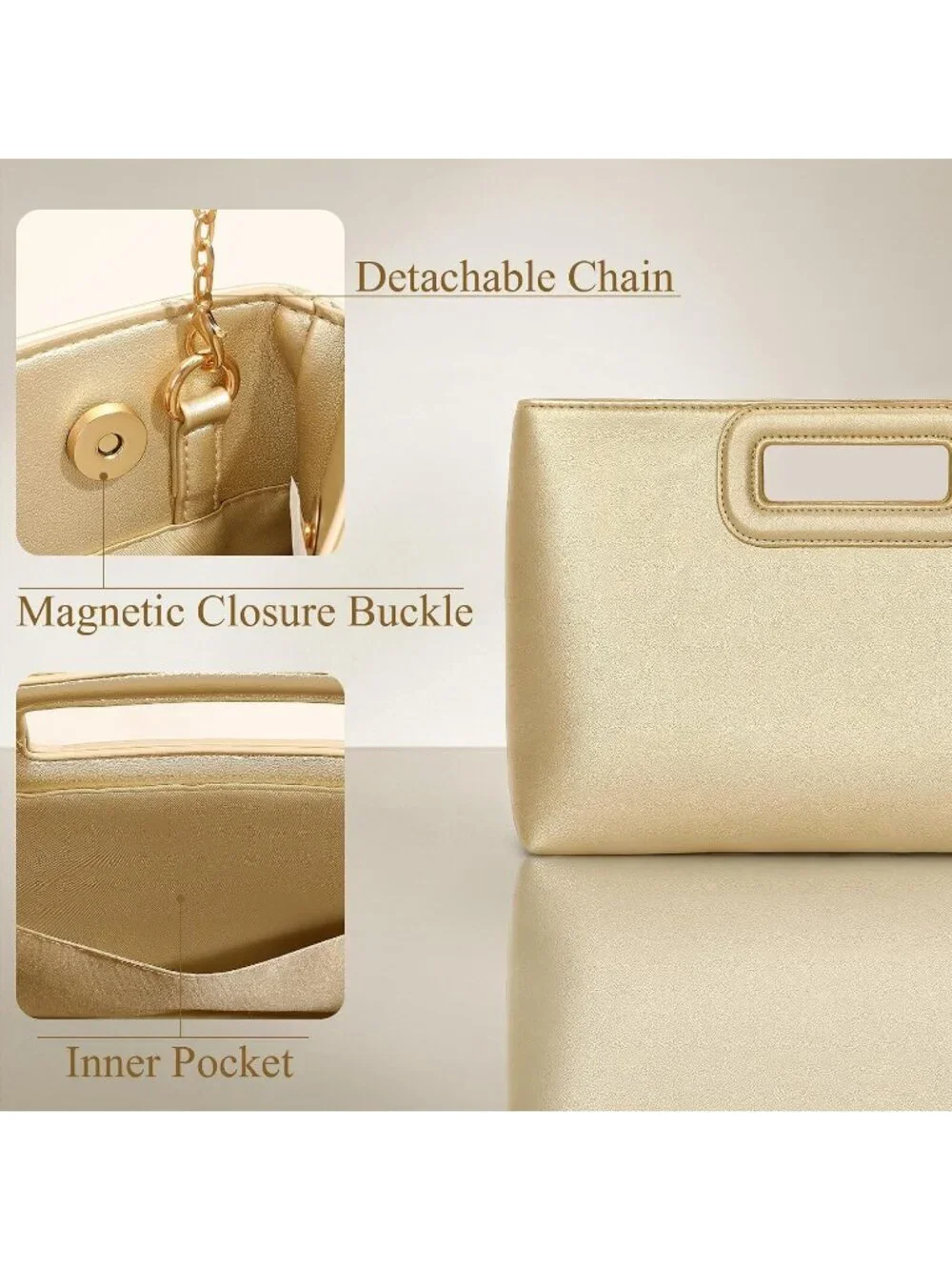 Women Lightgold Clutch Handbag Modern Faux Leather with Metal Handle Evening Bag